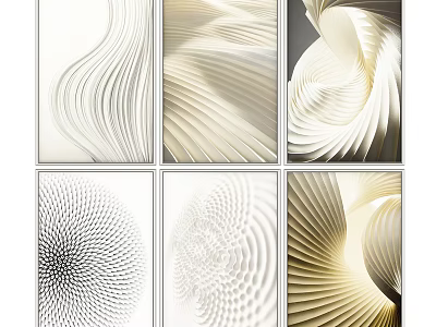 Modern Abstract Paintings With Textured Lines Spiral Patterns Neutral Beige White Tones Six Panel Artwork 3d model