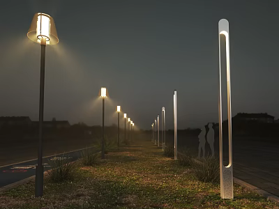 Various Design Outdoor Lights Illuminating Night Pathway With Grass And Distant Buildings 3d model