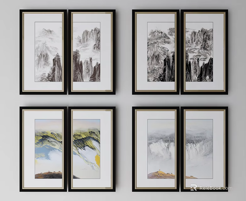 Traditional Chinese Landscape Paintings With Mountains Rivers And Framed Wall Art 3d model 