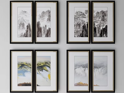Traditional Chinese Landscape Paintings With Mountains Rivers And Framed Wall Art 3d model