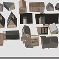 Diverse Architectural Models of Guesthouse Buildings With Wooden Structures And Various Roof Designs
