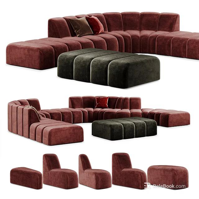 Modern Modular Sectional Sofa With Cozy Upholstered Seats And Matching Ottomans 3d model 