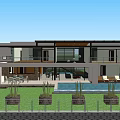 Modern Detached Villa With Swimming Pool Terrace And Outdoor Furniture In Landscaped Garden