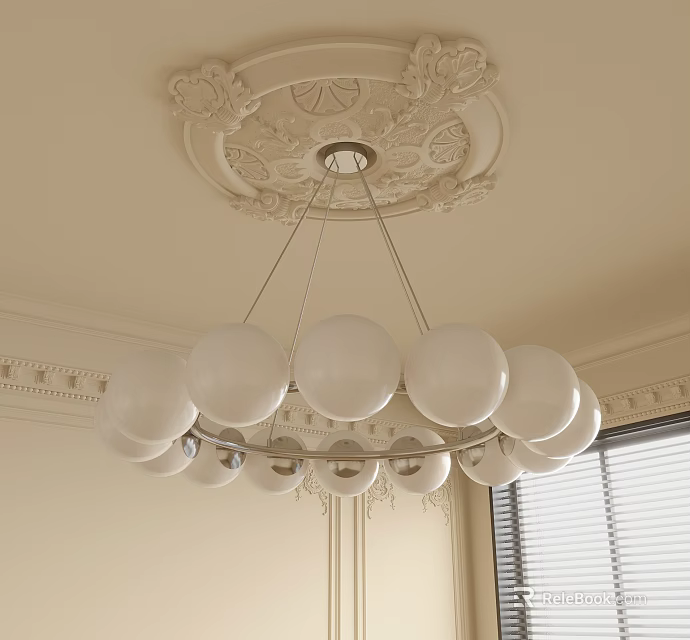 Classic Chandelier With White Globe Bulbs Metal Frame And Carved Ceiling Detail 3d model 