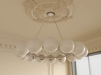 Classic Chandelier With White Globe Bulbs Metal Frame And Carved Ceiling Detail 3d model