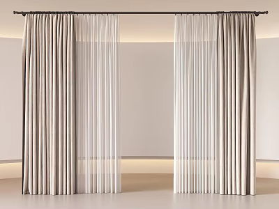 Double Layer Beige Curtains With White Sheer Panels For Modern Light Room Window 3d model