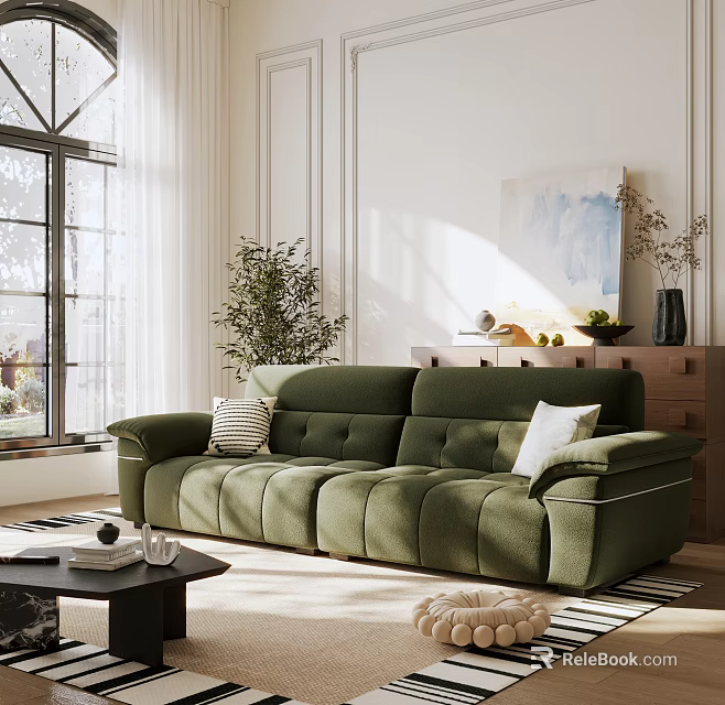 Green Three Seater Sofa in Sunlit Living Room with White Pillows Plant And Cabinet 3d model 