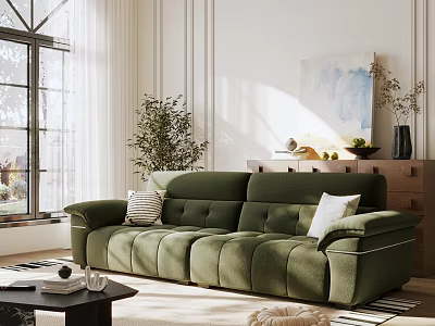 Green Three Seater Sofa in Sunlit Living Room with White Pillows Plant And Cabinet 3d model