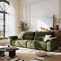 Green Three Seater Sofa in Sunlit Living Room with White Pillows Plant And Cabinet