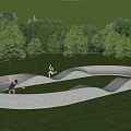 Curved Outdoor Play Equipment Structure On Green Grass With Trees And Children Playing