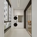 Modern Home Balcony Design With Large Windows White Curtains And Potted Plant
