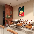 Fast Food Restaurant Interior With Red Walls Open Counter Menu Display And Tables