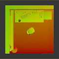 Home Office Interior With Green Yellow Walls Pink Curtains Dual Monitors And Orange Red Floor