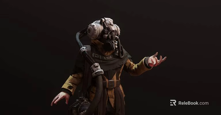 Game Movie Character In Protective Suit With Helmet And Breathing Mask On Dark Background 3d model 
