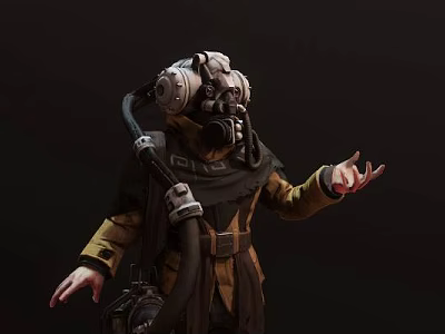 Game Movie Character In Protective Suit With Helmet And Breathing Mask On Dark Background 3d model