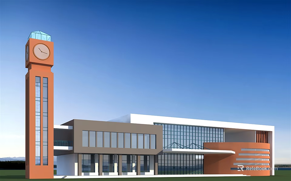Modern Architectural Building With Clock Tower And Glass Curtain Wall Exterior 3d model 