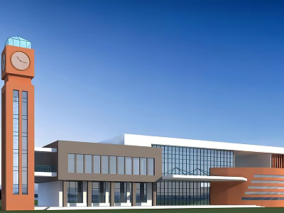 Modern Architectural Building With Clock Tower And Glass Curtain Wall Exterior 3d model