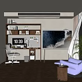 Study Room Interior Design With Wooden Desk Bookshelf Digital Clock White Curtains And Potted Plant