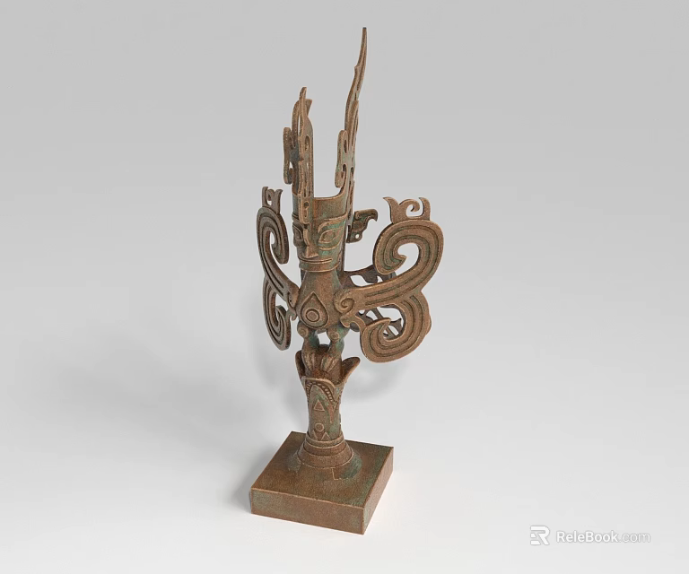 Ancient Style Bronze Sculpture With Intricate Curved Patterns And Square Base 3d model 