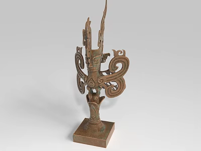 Ancient Style Bronze Sculpture With Intricate Curved Patterns And Square Base 3d model