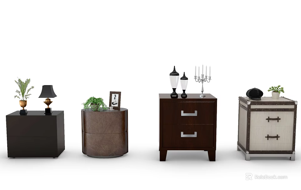 Stylish Bedside Tables with Various Designs Including Drawers Lamps Plants And Decorative Items 3d model 