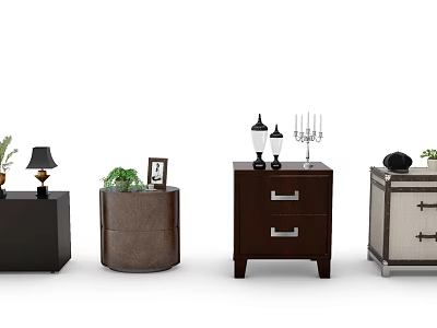 Stylish Bedside Tables with Various Designs Including Drawers Lamps Plants And Decorative Items 3d model