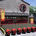 Traditional Chinese Garden Landscape with Old Style Building Row Arranged Wine Jars and Decorative Banners