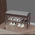 Wooden Storage Stool With Open Lid Holding Shoes And Small Items On Shelves