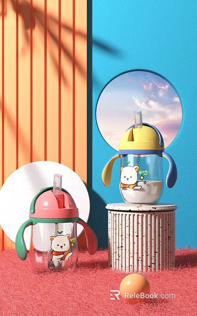 Cute Kids Straw Cup With Cartoon Bear Design Double Handles And Colorful Lid 3d model 
