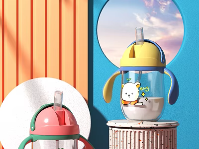Cute Kids Straw Cup With Cartoon Bear Design Double Handles And Colorful Lid 3d model