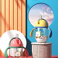 Cute Kids Straw Cup With Cartoon Bear Design Double Handles And Colorful Lid