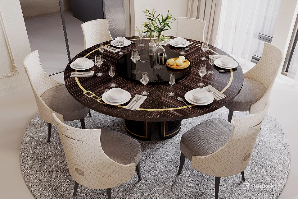 Modern Round Wooden Dining Table Set With Six Light Upholstered Chairs And Tableware Wine Glasses 3d model 