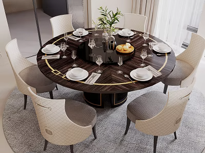 Modern Round Wooden Dining Table Set With Six Light Upholstered Chairs And Tableware Wine Glasses 3d model