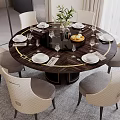 Modern Round Wooden Dining Table Set With Six Light Upholstered Chairs And Tableware Wine Glasses
