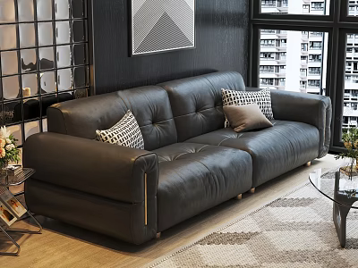 Modern Black Leather Sofa With Geometric Pillows And Glass Coffee Table In Living Room 3d model