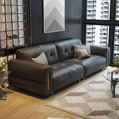 Modern Black Leather Sofa With Geometric Pillows And Glass Coffee Table In Living Room 3d model