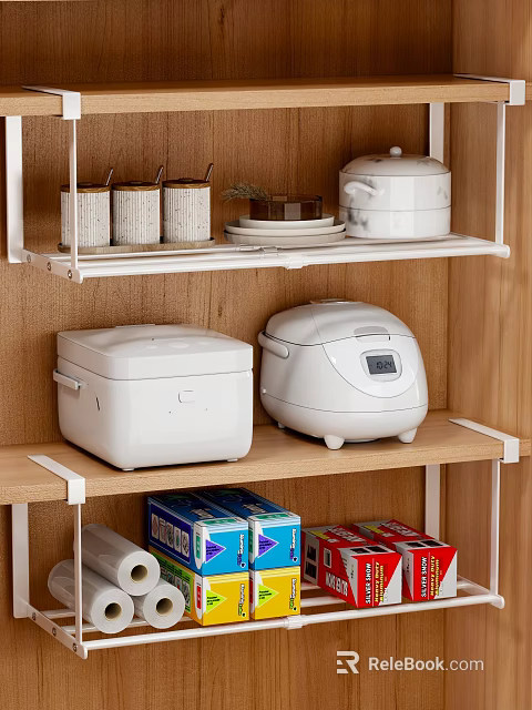 Organized Kitchen Interior With White Rice Cookers And Wooden Shelves Storage 3d model 