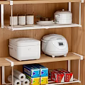 Organized Kitchen Interior With White Rice Cookers And Wooden Shelves Storage