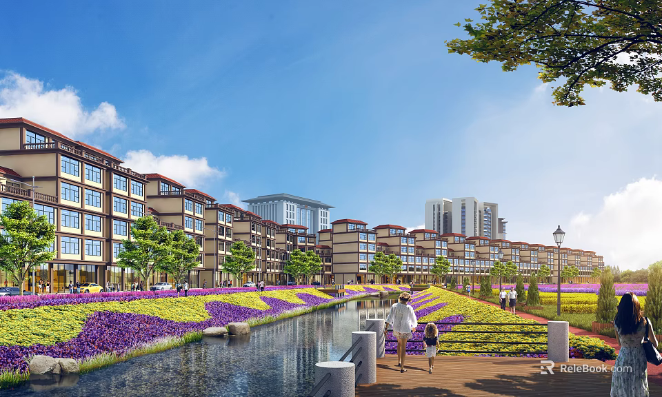 Scenic Commercial Street With Modern Buildings Flower Beds Water Canal And Pedestrians Walking 3d model 