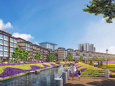 Scenic Commercial Street With Modern Buildings Flower Beds Water Canal And Pedestrians Walking 3d model