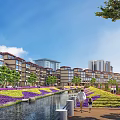 Scenic Commercial Street With Modern Buildings Flower Beds Water Canal And Pedestrians Walking