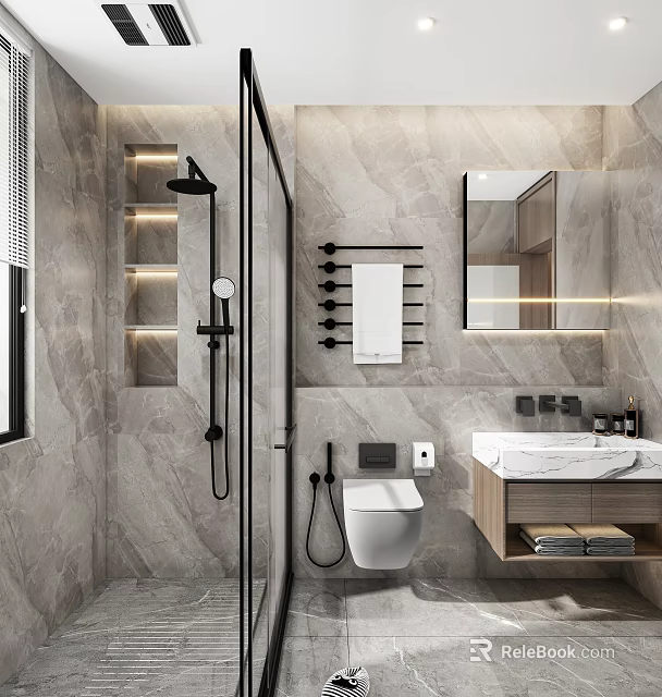 Modern Bathroom Interior Design With Marble Walls Shower Vanity Mirror Lighting And Smart Toilet 3d model 