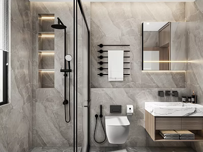 Modern Bathroom Interior Design With Marble Walls Shower Vanity Mirror Lighting And Smart Toilet 3d model