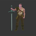 Shirtless Muscular Game Movie Character With Shoulder Armor Long Sword Leather Pants And Boots
