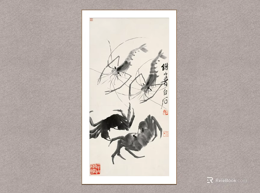 Traditional Chinese Ink Painting Artwork With Shrimp And Crab Brush Strokes 3d model 