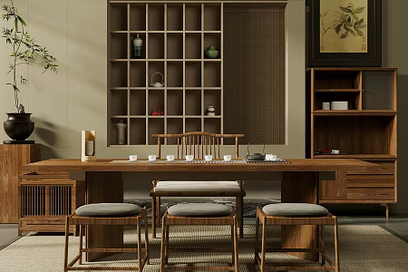 New Chinese Zen Tea Room Tea Tasting Area Tea Table and Chair Combination Club Tea Room Song Style Aesthetics Tea Room Tea House Tea Room Background Wall Tea Set Locker Tea Cabinet 3d model