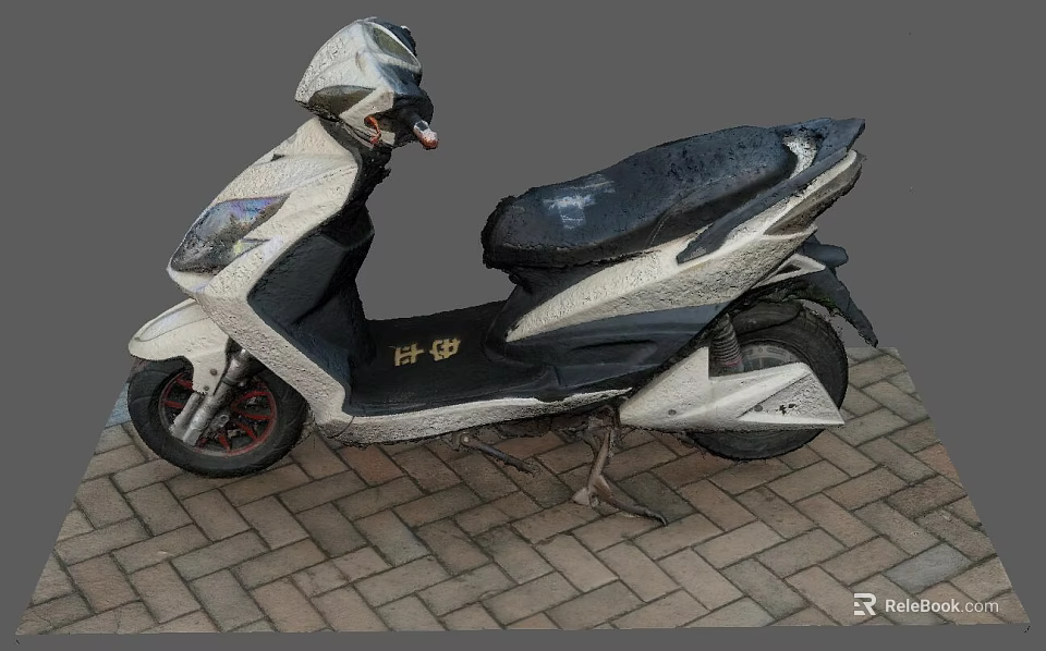 White And Black Electric Scooter With Black Seat Parked On Brick Pavement 3d model 