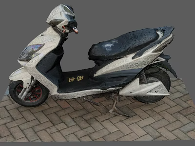 White And Black Electric Scooter With Black Seat Parked On Brick Pavement 3d model