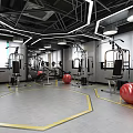 Modern Gym Interior Featuring Fitness Equipment Red Exercise Balls And Yellow Floor Lines Design