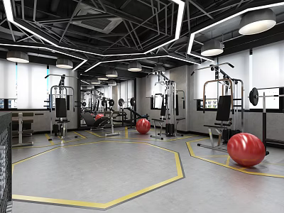Modern Gym Interior Featuring Fitness Equipment Red Exercise Balls And Yellow Floor Lines Design 3d model